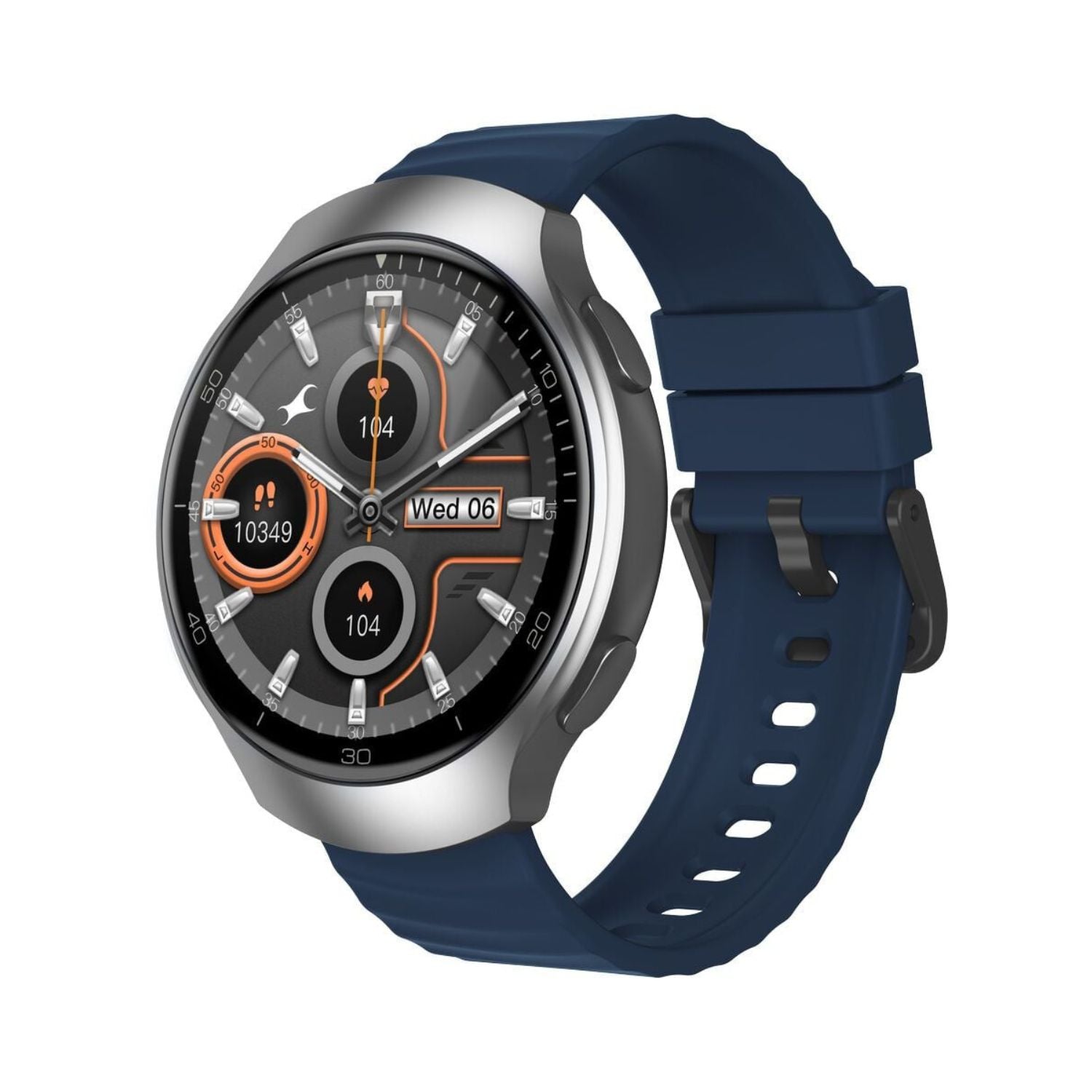 Blue-strapped round smartwatch with fitness screen and dark bezel.